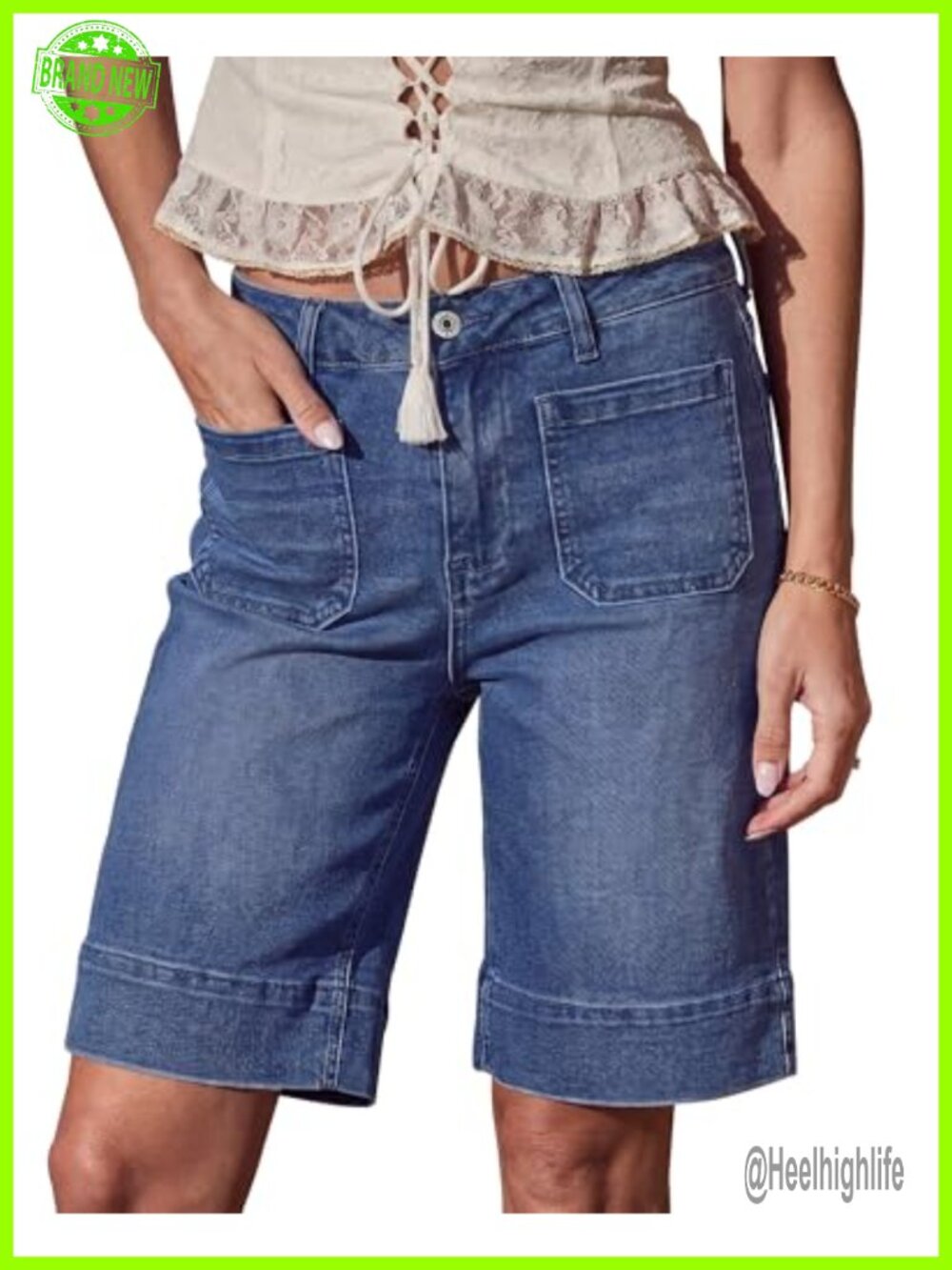 High Rise Stretch Bermuda Jean Shorts for Women 10" Inseam Casual Summer